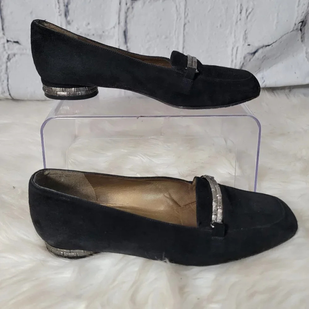 Stuart WEITZMAN Womens Black Embellished Suede Loafers Shoes Career Square Toe